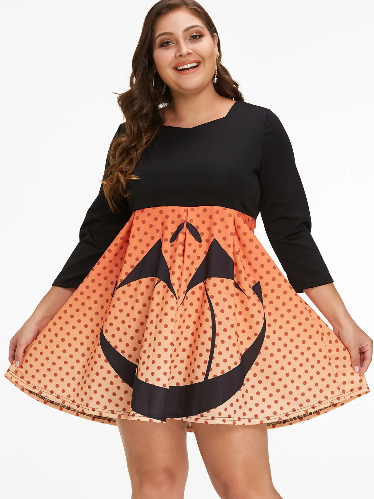 OEM ODM Floral Print Pleated 3/4 Sleeve Plus Size Dress